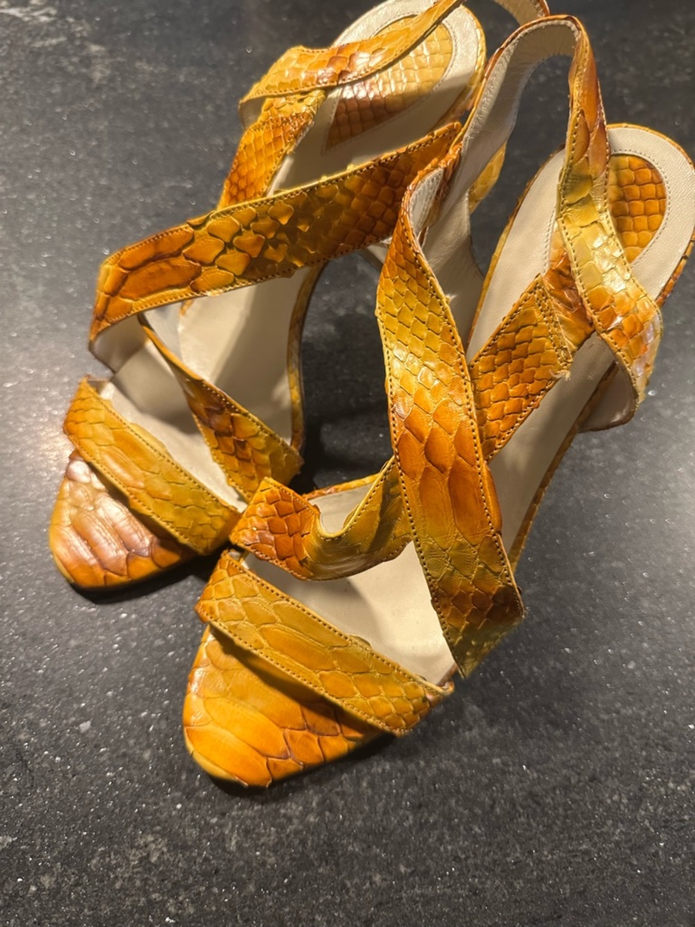 Yellow Python Leather Strappy Slingback Heels